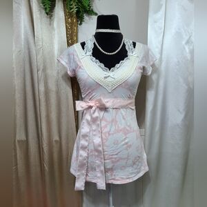 Rare ♡ Y2K ♡ Abercrombie Baby Pink & White Waist Tie V Neck Babydoll Top